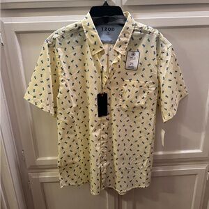 IZOD Men's Yellow Short Sleeve Shirt with Blue Pattern